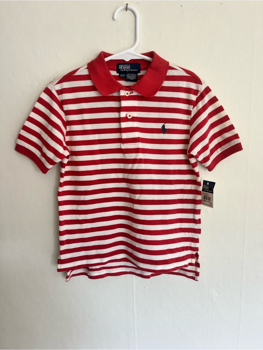 Ralph Lauren Red & White Striped Kids Polo Shirt with Navy Pony